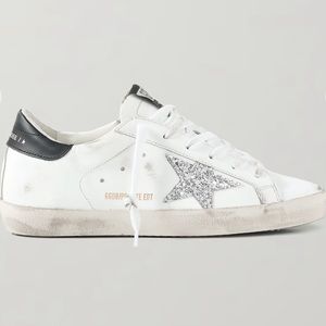 Golden Goose Superstar Distressed Glittered Leather Sneakers - white black - 37